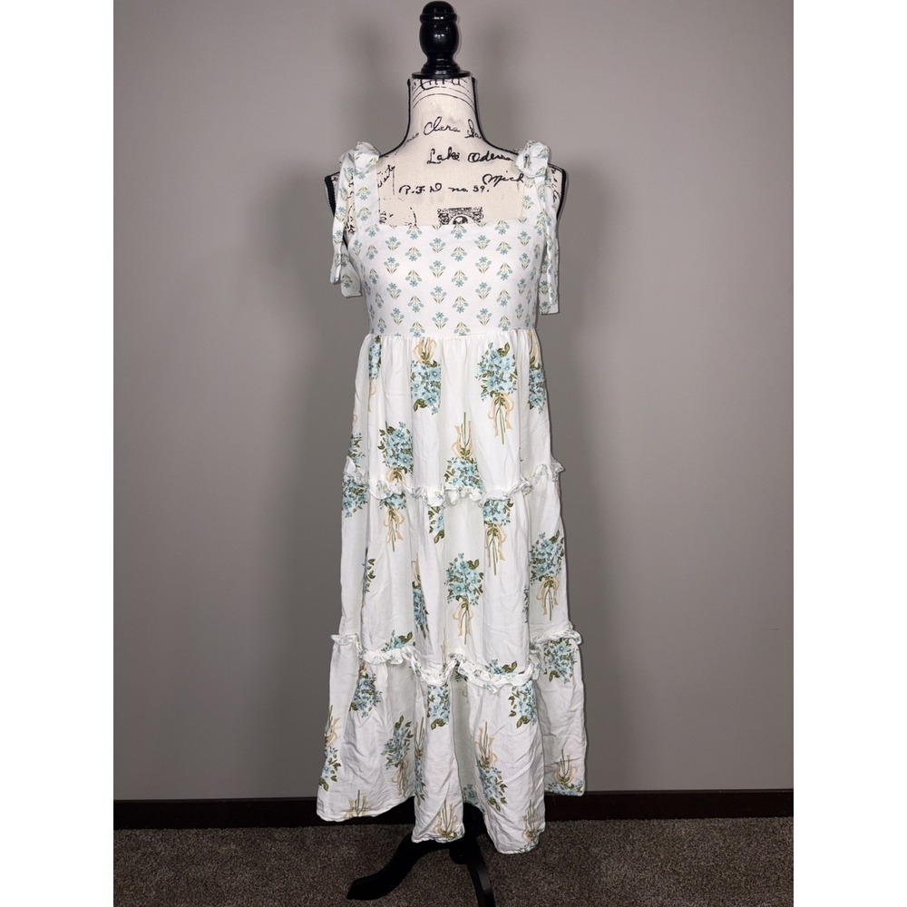 August Sky Boutique Womens Blue Floral Tie Strap Tiered Dress Size Medium - Picture 1 of 8